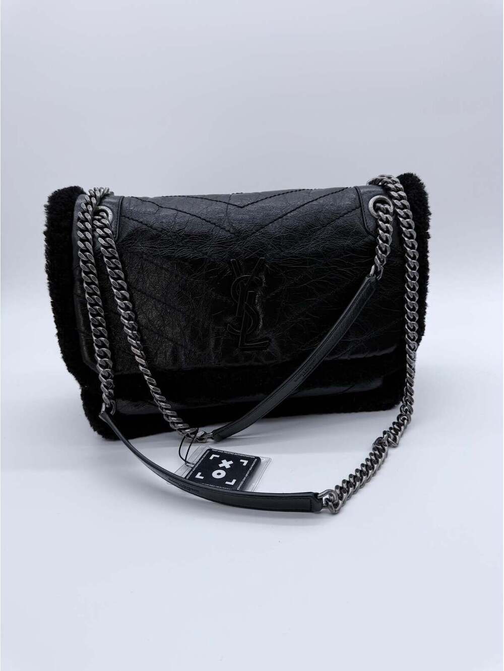 YSL SAINT LAURENT Black Shearling Calfskin Medium Niki Bag